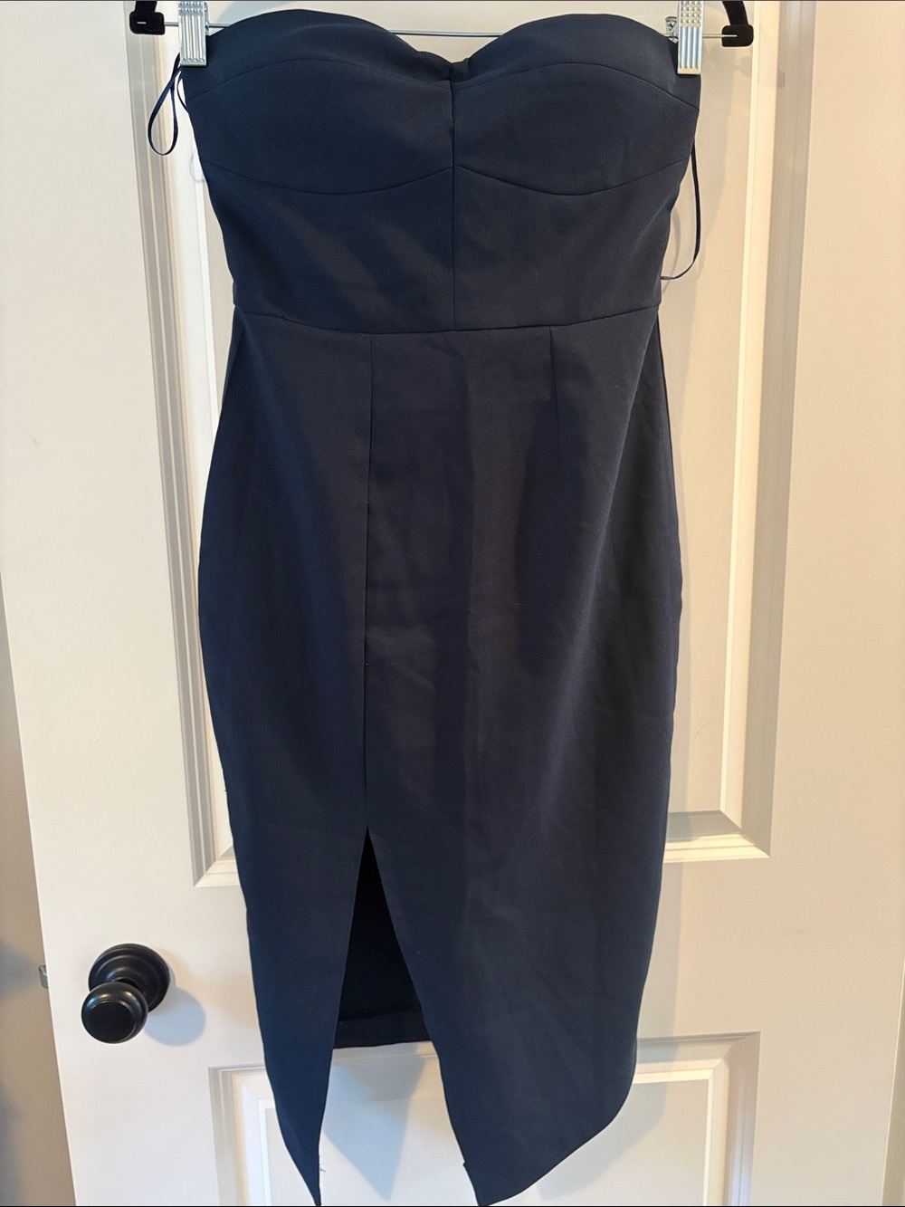 Showpo Navy Strapless Sweetheart Sheath Dress with Front pointed Slit